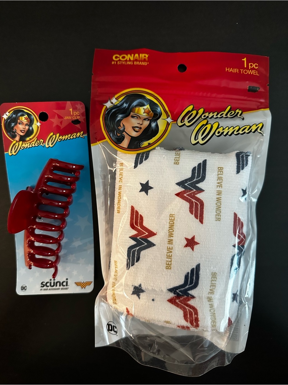 scunci Wonder Woman Red Hair Clip and White Logo Hair Towel Set